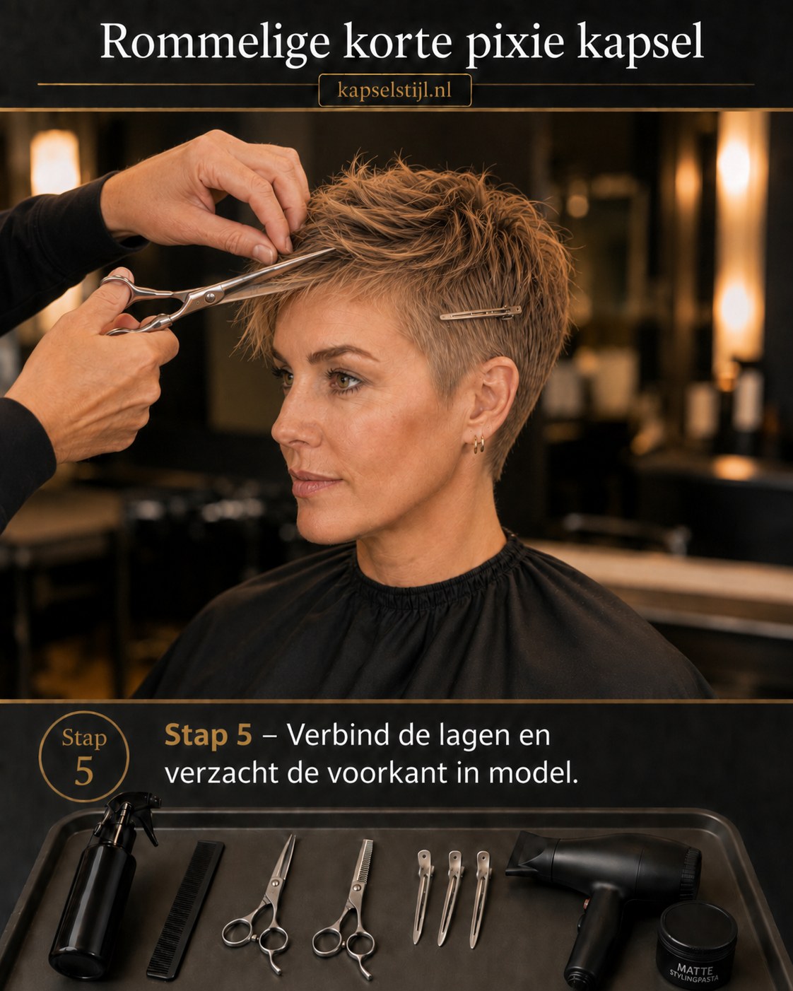 Lagen verbonden en voorkant verzacht tijdens het knippen van de rommelige korte pixie kapsel