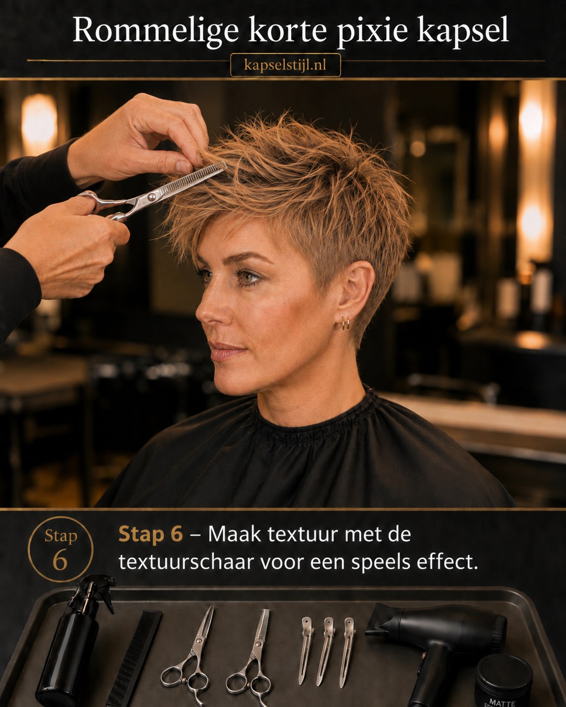 Textuurschaar geeft speelse beweging aan de rommelige korte pixie kapsel