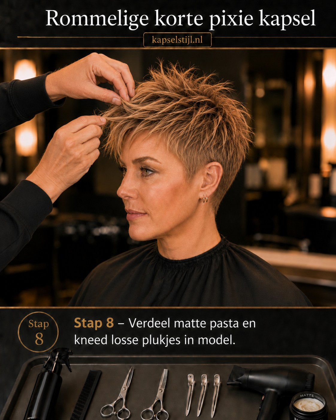 Matte pasta wordt in losse plukjes gekneed als finishing touch van de rommelige korte pixie kapsel