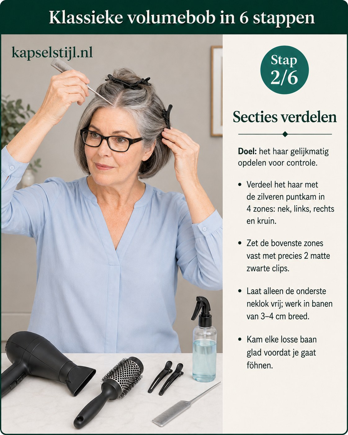 Haar verdeeld in vier secties met matte clips als stap twee van deze kapsels voor fijn haar vanaf 50