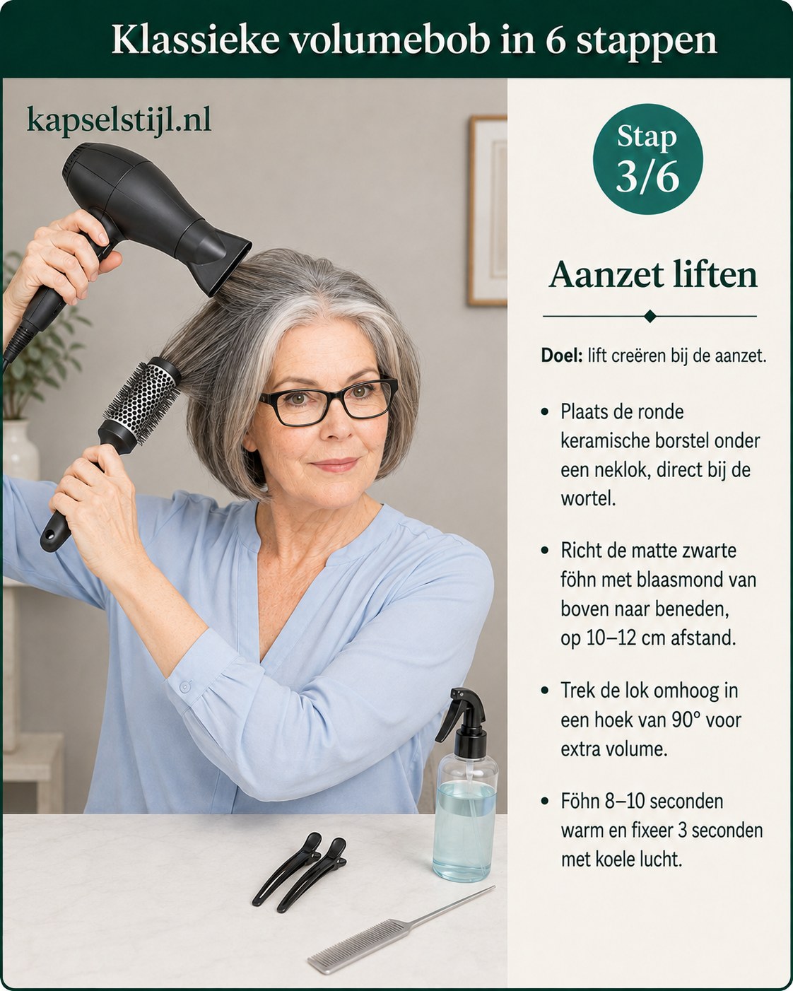 Ronde borstel en föhn creëren lift bij de wortel, kern van deze kapsels voor fijn haar vanaf 50