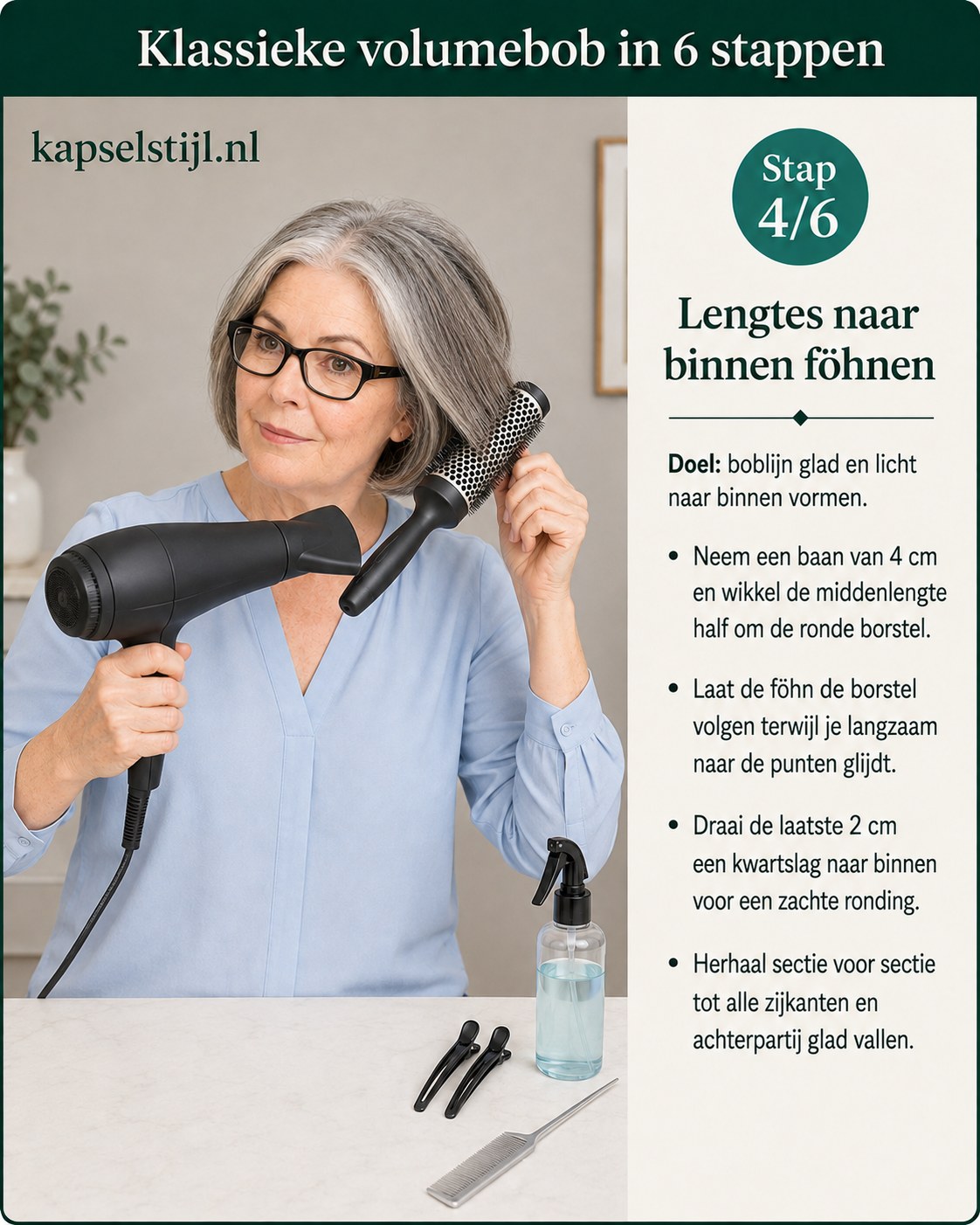Lengtes worden met de föhn naar binnen gerold voor een gladde volumebob bij fijn haar vanaf 50