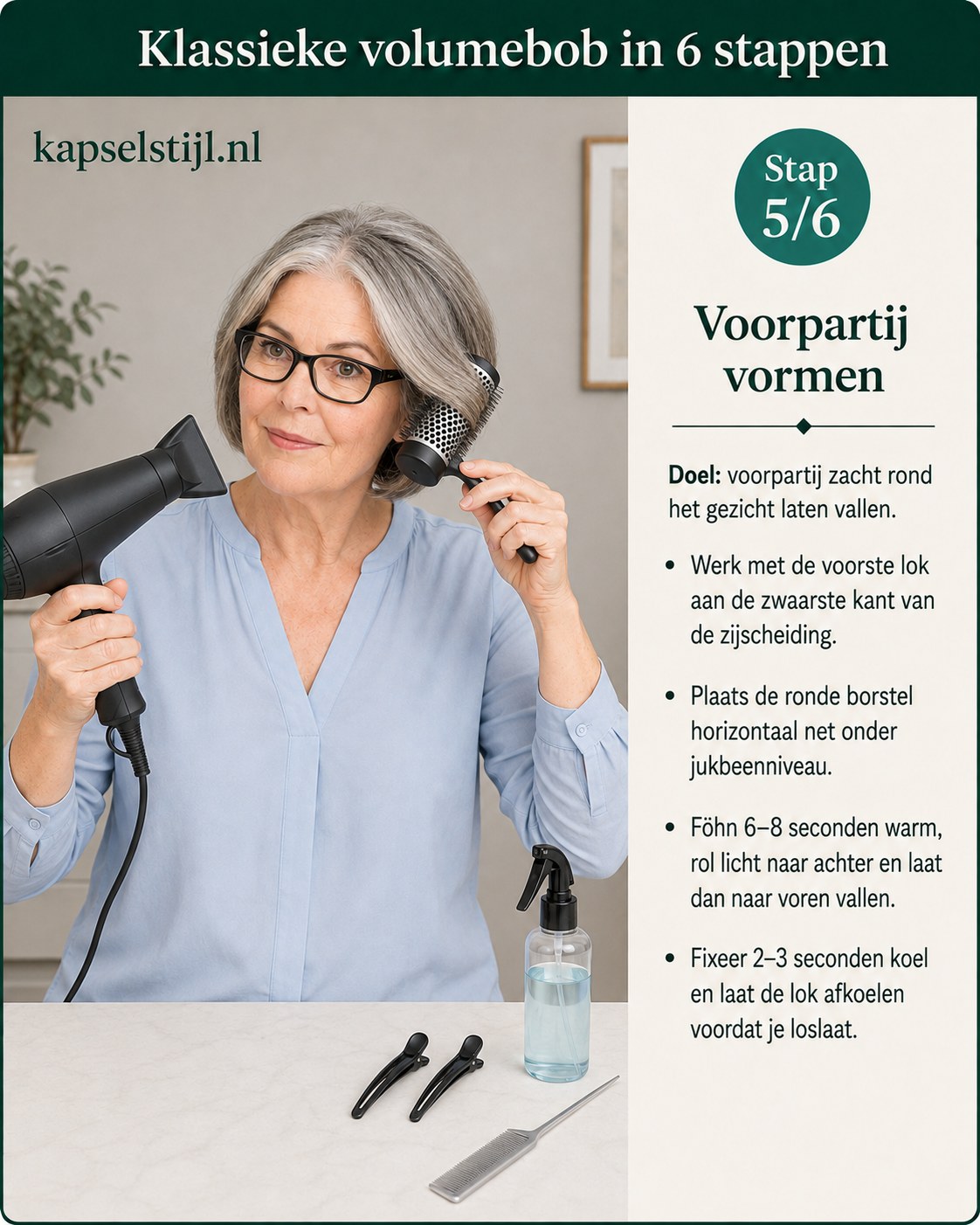 Voorpartij wordt rond het gezicht geföhnd, laatste vormstap van deze kapsels voor fijn haar vanaf 50