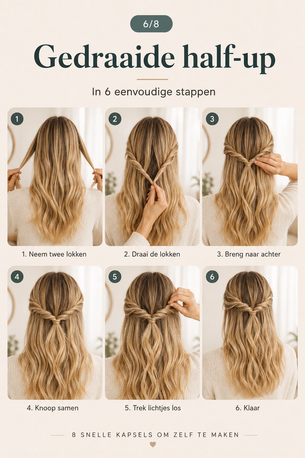 Stappenplan voor een gedraaide half-up, onderdeel van de 8 snelle frisuren zelf maken