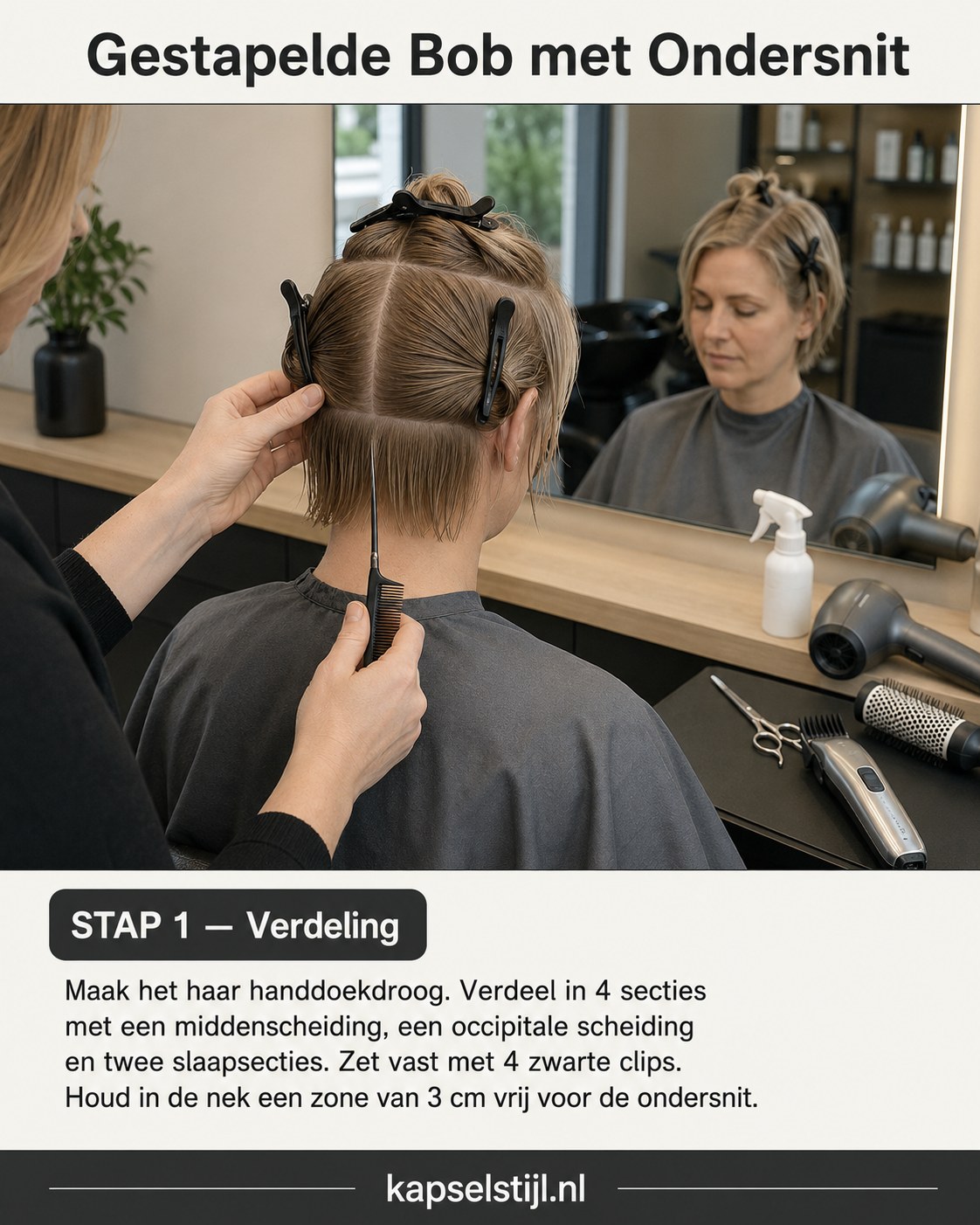 Kapster verdeelt haar in vier secties als start voor een stacked bob met undercut