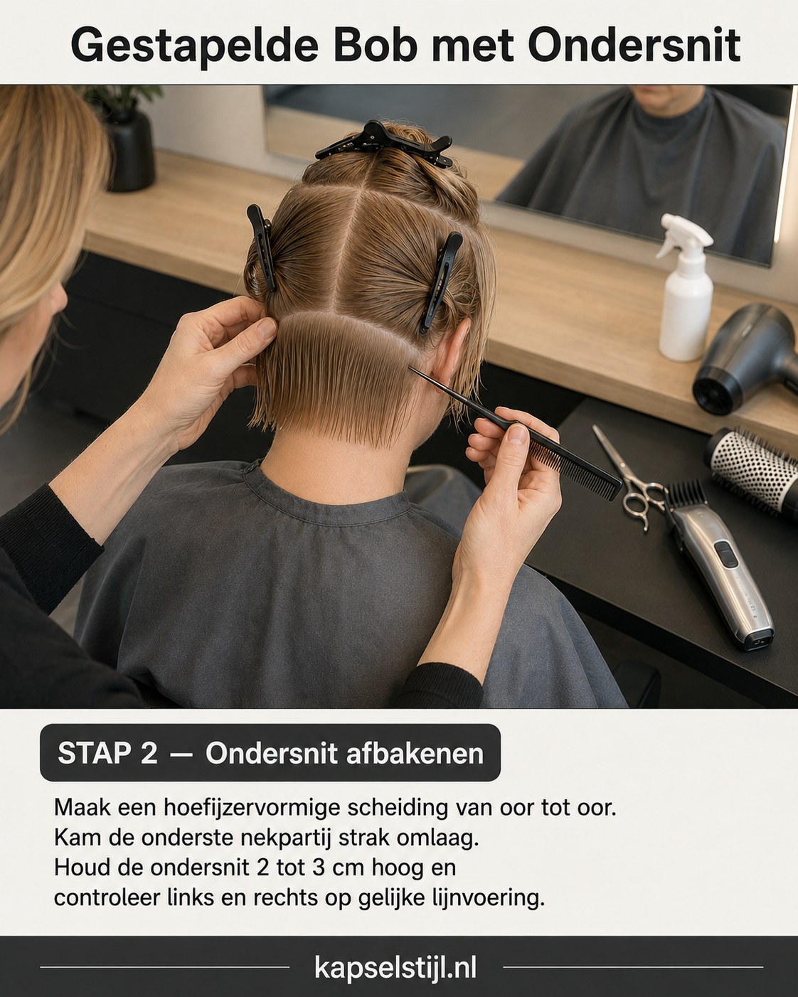 Hoefijzervormige scheiding afgetekend voor de undercut bij een stacked bob met undercut