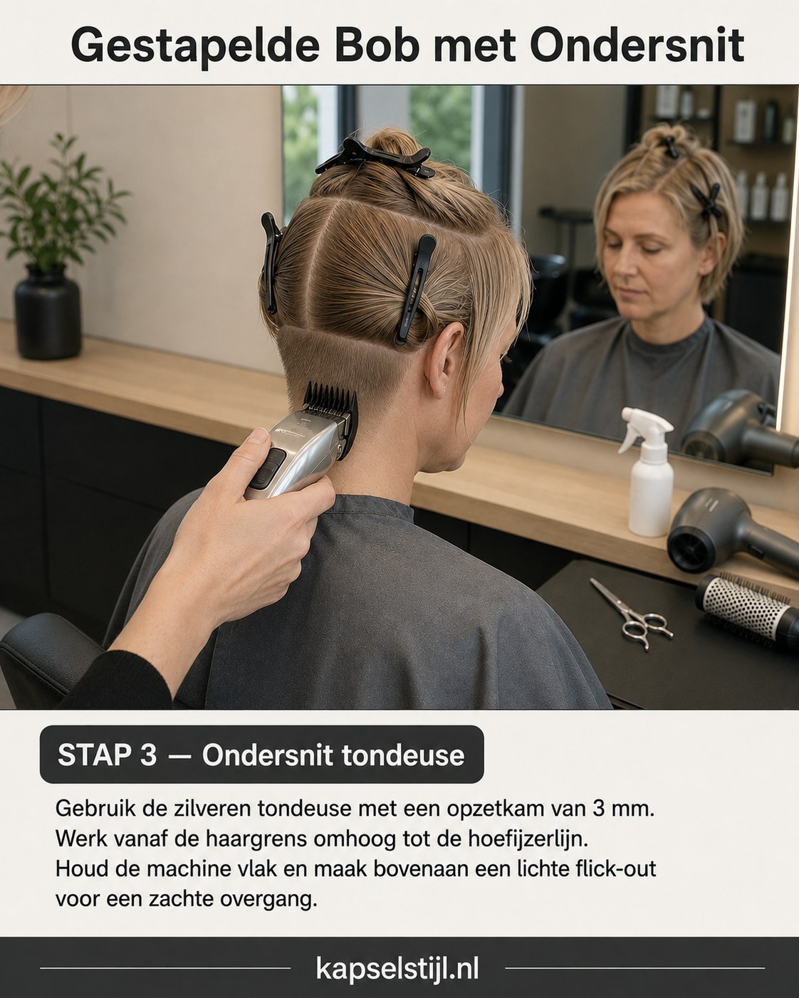 Tondeuse met 3 mm opzetkam knipt de undersnit voor deze stacked bob met undercut