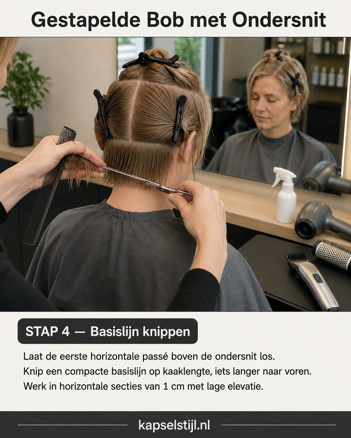 Basislijn op kaaklengte knippen als anker voor de stacked bob met undercut