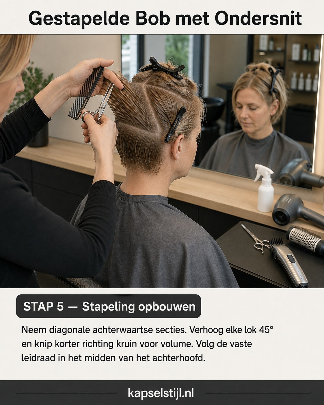Diagonale secties opgetild voor volume in de stacked bob met undercut