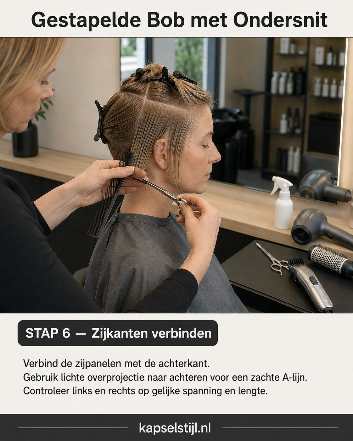 Zijkanten en achterkant verbonden tot zachte A-lijn bij de stacked bob met undercut
