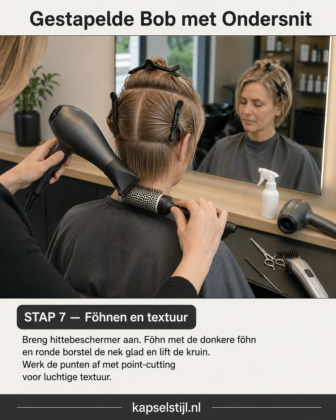 Föhnen met ronde borstel geeft textuur aan de stacked bob met undercut
