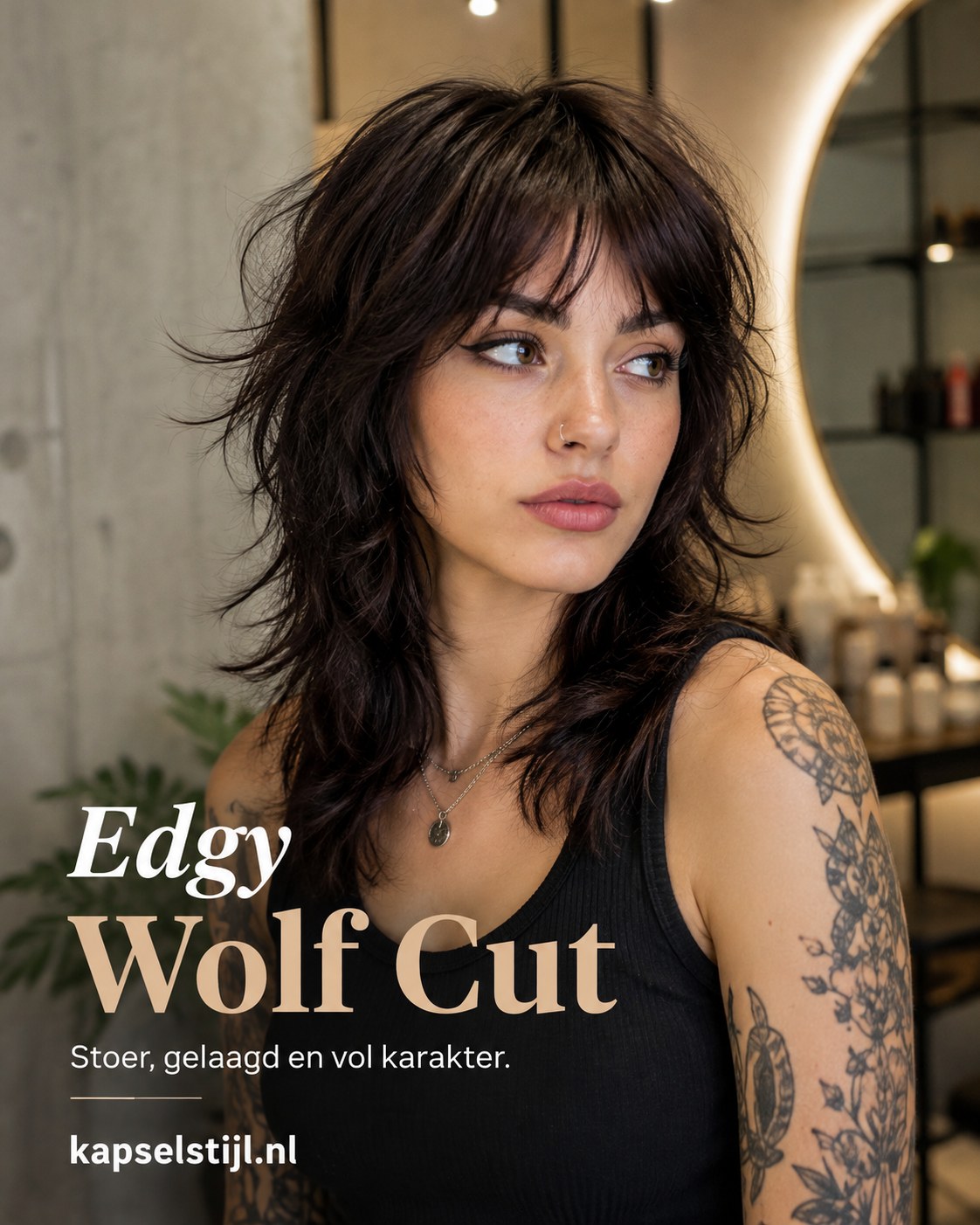 Edgy wolf cut kapsel met stoere laagjes en volle textuur voor een uitgesproken look