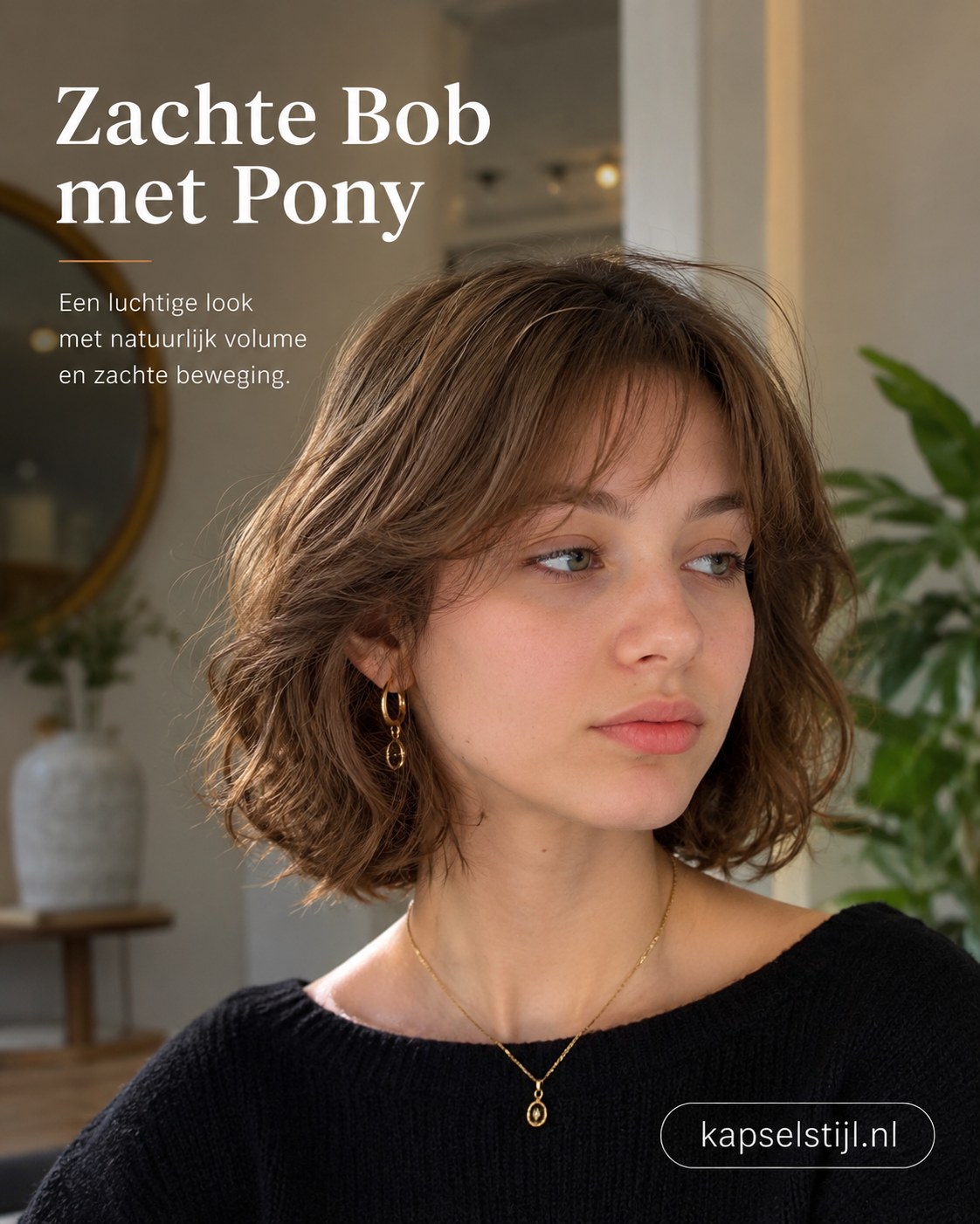 Zachte bob met pony en natuurlijk volume, een subtiele wolf cut kapsel voor dagelijks gebruik
